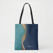 Elegant Gold Wave Blue, Blauwgroen met naam Tote Bag (Voorkant)