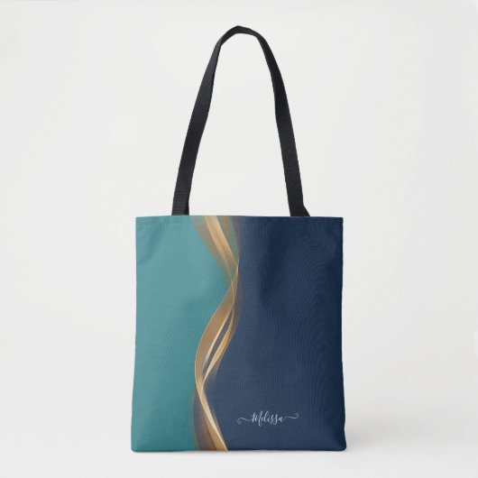 Elegant Gold Wave Blue, Blauwgroen met naam Tote Bag (Voorkant)