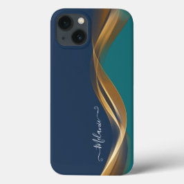 Elegant Gold Waves Blue, Blauwgroen met naam Case-Mate iPhone Case