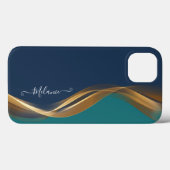 Elegant Gold Waves Blue, Blauwgroen met naam Case-Mate iPhone Case (Achterkant (horizontaal))