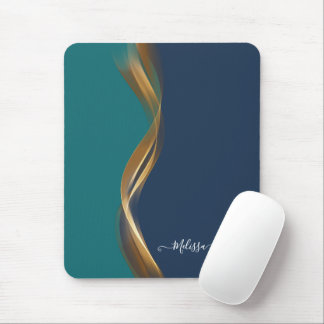 Elegant Gold Waves Blue, Blauwgroen met naam Muismat