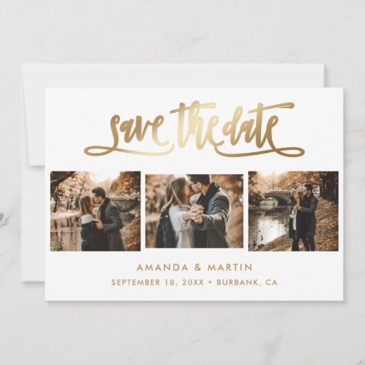 Elegant Gold Wedding 3 Foto Save The Date (Voorkant)