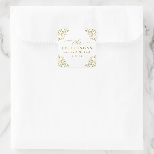 Elegant  Gold Wedding Classic Square Sticke Vierkante Sticker (Tas)