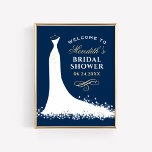 Elegant Gold Wedding Gown Vrijgezellenfeest Welkom Poster<br><div class="desc">Het vrijgezellenfeest van de bruiloft verwelkomde teken/poster voor de stijlvolle bruid-om-te-zijn eigenschappen een stromend huwelijksontwerp,  douanetekst die kan worden gepersonaliseerd. Zacht wit/ivoor,  donkerblauw (kan worden aangepast) en champagne goud/tan kleuren.</div>