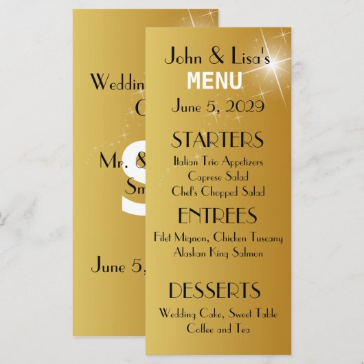 Elegant Gold Wedding Menu Kaart Custom Rack Kaart (Voorkant / Achterkant)