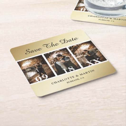 Elegant Gold Wedding Photo Save the Date Onderzett Kartonnen Onderzetters (Schuin)