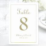 Elegant Gold Wedding Reception Table Formele Dinne Kaart<br><div class="desc">Het de gebeurtenispartijontwerp van het Aantal van de Lijst van de weddenschap kenmerkt een klassieke elegantie met hedendaagse chic goud-toonkleur op een klassieke witte achtergrond. Personaliseer het ontwerp van de trouwlijst met jouw naam, trouwdatum en lijstaantal in trendy letters en manuscript. De achterkant van de kaart is een duplicaat van...</div>