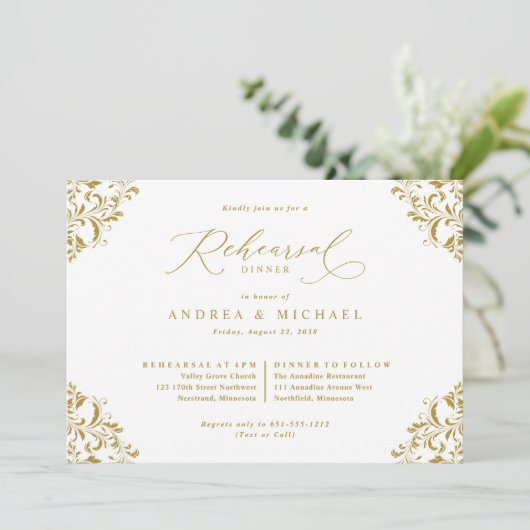 Elegant  Gold Wedding Rehearsal Dinner Kaart (Staand voorkant)