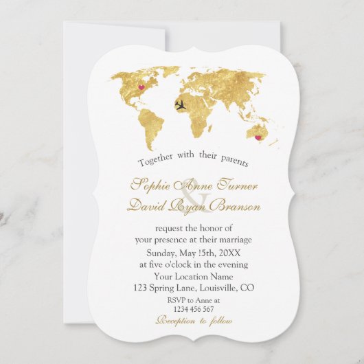 Elegant Gold Wereldkaart Destination Wedding Kaart (Voorkant)