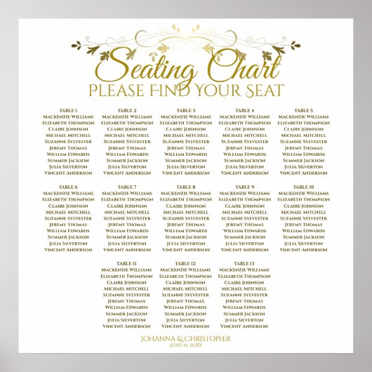 Elegant Gold White 13 Tafel Wedding Seating Chart Poster (Voorkant)