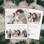 Elegant Gold White 4 Photo Collage Kersthol Feestdagenkaart<br><div class="desc">Minimalistische, elegante Calligrafie White en Gold 4 Photo Collage Merry Kerstmis Script Holiday Card. Deze feestelijke, eenvoudige, grillige sjabloon met vier (4) fotovakantiekaarten is voorzien van een fotocollage en zegt "Vrolijk kerstfeest"! De tekst met de groet "Merry Kerstmis" is geschreven in een mooi handgeschreven, met de letters zwoerd en staart...</div>