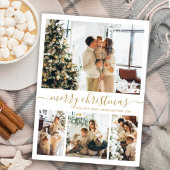 Elegant Gold White 4 Photo Collage Kersthol Feestdagenkaart
