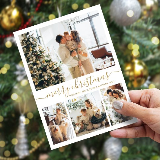 Elegant Gold White 4 Photo Collage Kersthol Feestdagenkaart