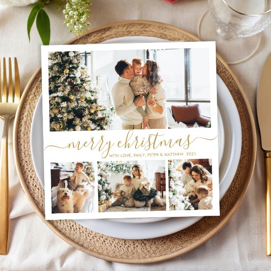 Elegant Gold White 4 Photo Collage Kerstmis Feestdagenkaart