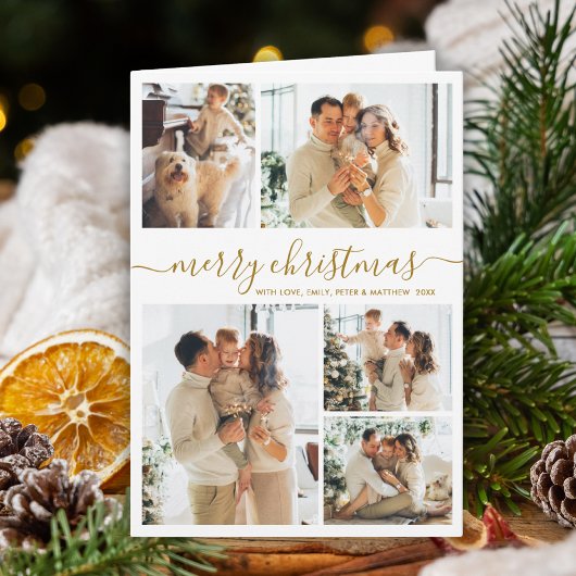 Elegant Gold White 5 Photo Collage Christmas  Feestdagen Kaart