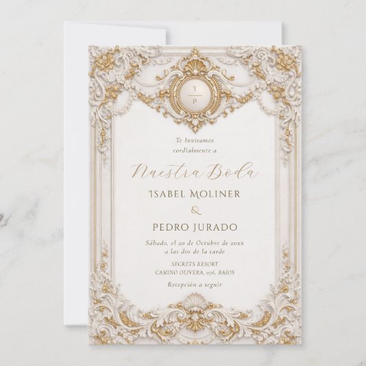Elegant Gold & White Baroque Nuestra Boda Wedding Kaart (Voorkant)
