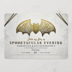 Elegant Gold White Bat Spooktacular Evening Invite Kaart