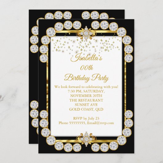 Elegant Gold White Black Diamond Birthday Party Kaart (Voorkant / Achterkant)