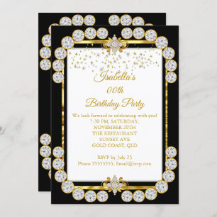 Elegant Gold White Black Diamond Birthday Party Kaart
