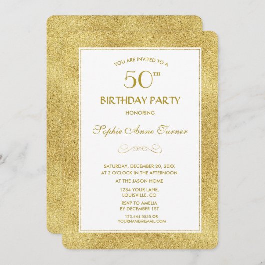 Elegant Gold & White Border 50th Birthday Party Kaart (Voorkant / Achterkant)