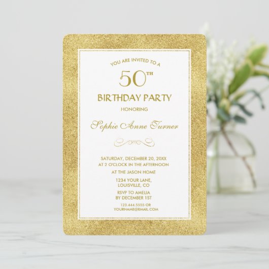 Elegant Gold & White Border 50th Birthday Party Kaart (Staand voorkant)