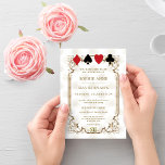 Elegant Gold White Casino Las Vegas Poker Wedding Kaart<br><div class="desc">Unieke Casino Royale, art deco thema kaart ontwerp. Het beschikt over art deco stijl, een Roaring 1920's oude Hollywood lijst met faux gold folie Fleur-de-lis, speelkaarten pak op gouden zwarte Art Deco patroonachtergrond. Speciale bewoordingen worden gebruikt als in poker spel. Op de rug faux gold Art Deco patroon en initialen...</div>