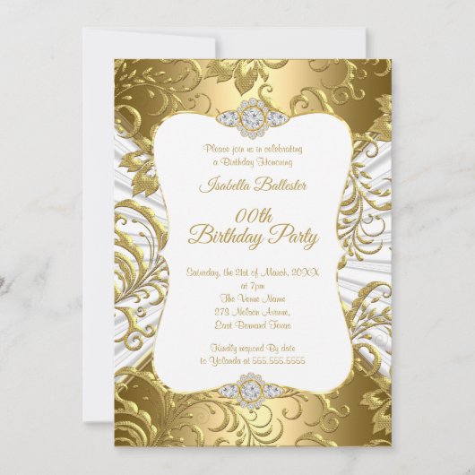 Elegant Gold White Damask floral Birthday Party Kaart (Voorkant)