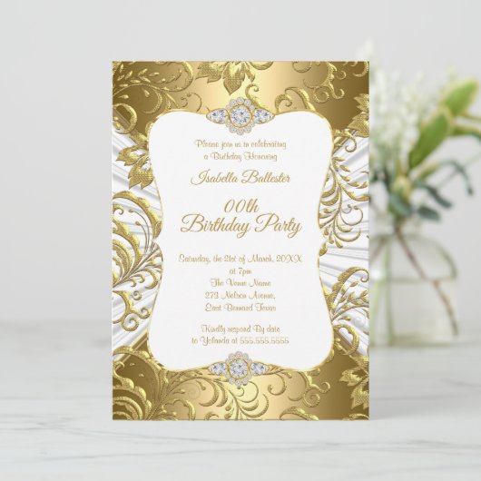 Elegant Gold White Damask floral Birthday Party Kaart (Staand voorkant)