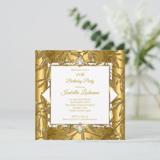 Elegant Gold White Damask Pearl Birthday Party Kaart (Staand voorkant)