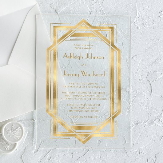 Elegant Gold White Deco Lijst Wedding 1920 Acryl Uitnodigingen
