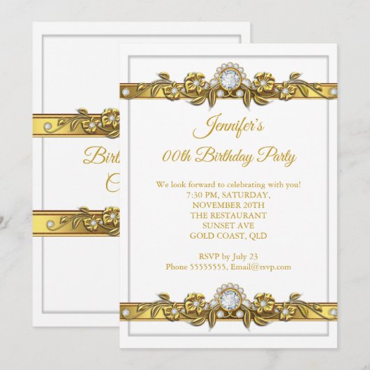 Elegant Gold White Diamond Birthday Party Kaart (Voorkant / Achterkant)
