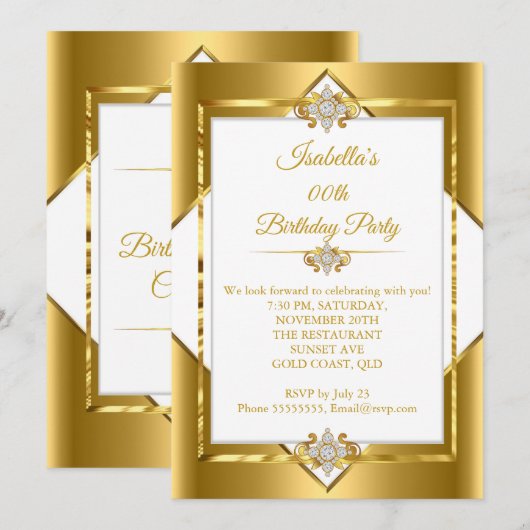 Elegant Gold White Diamond Birthday Party Kaart (Voorkant / Achterkant)
