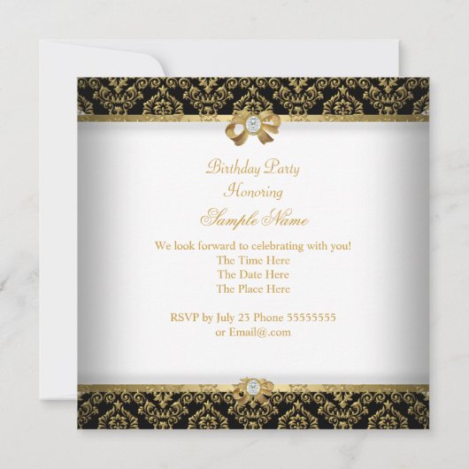 Elegant Gold White Diamond Black Birthday Party Kaart (Achterkant)