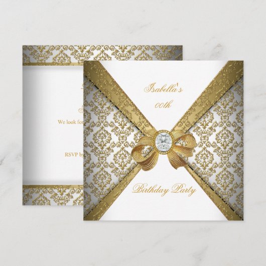 Elegant Gold White Diamond Damask Birthday Party Kaart (Voorkant / Achterkant)