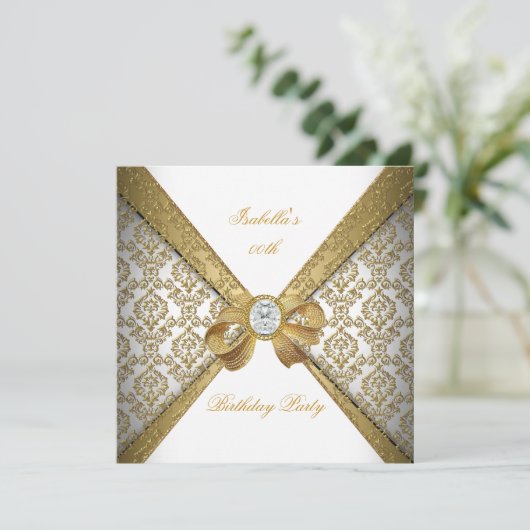 Elegant Gold White Diamond Damask Birthday Party Kaart (Staand voorkant)
