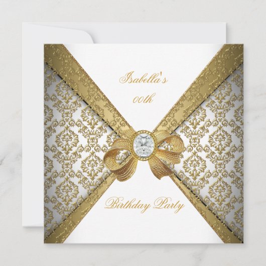 Elegant Gold White Diamond Damask Birthday Party Kaart (Voorkant)