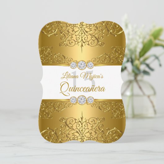Elegant Gold White Diamond Glamor Quinceanera Kaart (Staand voorkant)