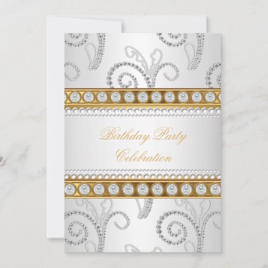 Elegant Gold White Diamond Pearl Birthday Party Kaart (Achterkant)