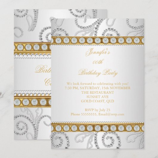 Elegant Gold White Diamond Pearl Birthday Party Kaart (Voorkant / Achterkant)