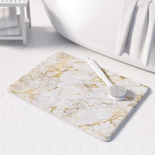 Elegant Gold White Faux Marble Pattern Badmat