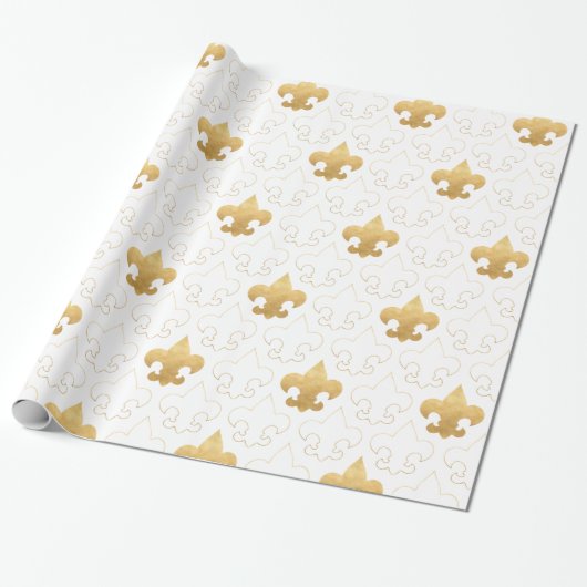 Elegant Gold & White Fleur De Lis Wrapping Paper Cadeaupapier (Uitgerold)