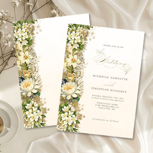 Elegant Gold White Floral Wedding Kaart