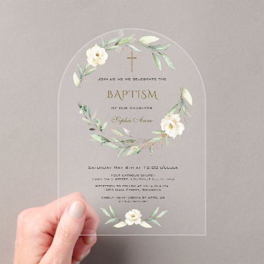 Elegant Gold White Flowers Cross Baptism Acryl Uitnodigingen (Insitu (Draagbaar))