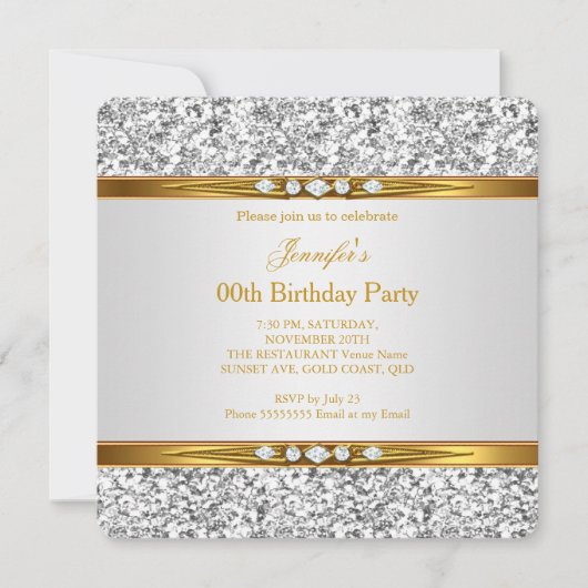 Elegant Gold White Glitter Silver Diamond Birthday Kaart (Voorkant)