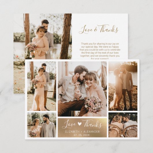 Elegant Gold White Heart Photo Collage Wedding Bedankkaart (Voorkant / Achterkant)