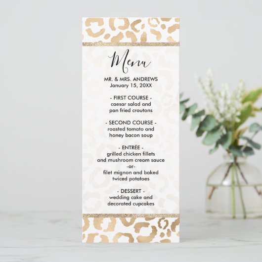 Elegant Gold White Leopard Cheetah Animal Print Menu (Staand voorkant)