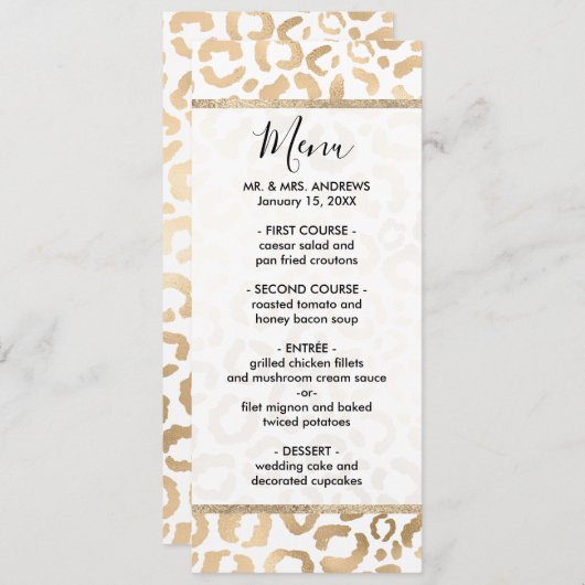 Elegant Gold White Leopard Cheetah Animal Print Menu (Voorkant / Achterkant)