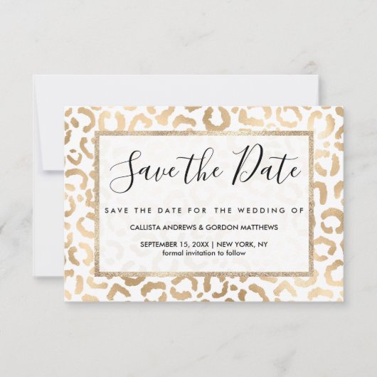 Elegant Gold White Leopard Cheetah Animal Print Save The Date (Voorkant)