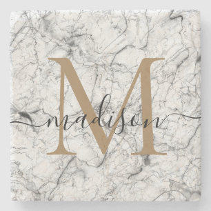 Elegant Gold White marble Monogram Feminine Script Stenen Onderzetter