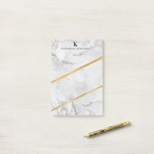 Elegant Gold White Marble Monogram Post-it® Notes (Op bureau)